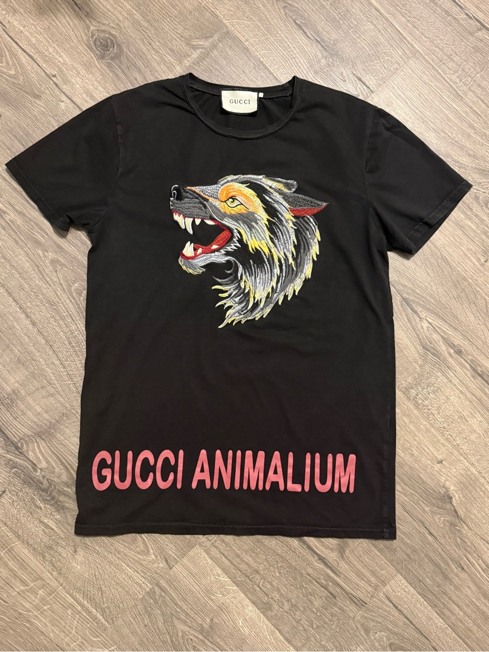 Black Tee with Multicolor Embroidered Wolf and Pink  ANIMALIUM
